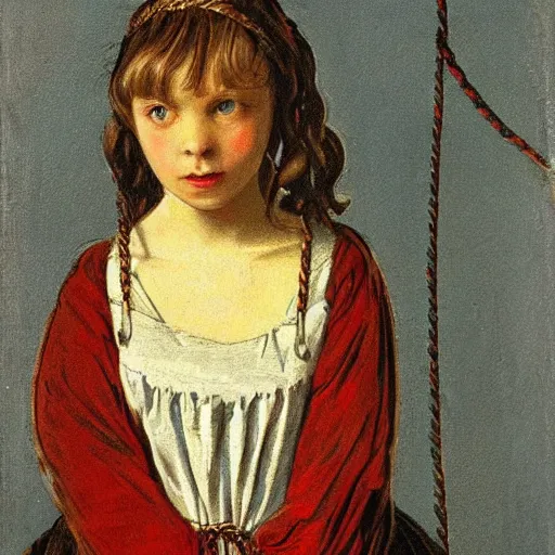 Prompt: portrait, a girl in a medieval dress, strangled with a rope, victorian style, high detail