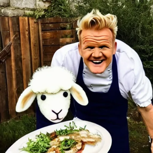 Image similar to a sheep dressed up as gordon ramsay, realistic.