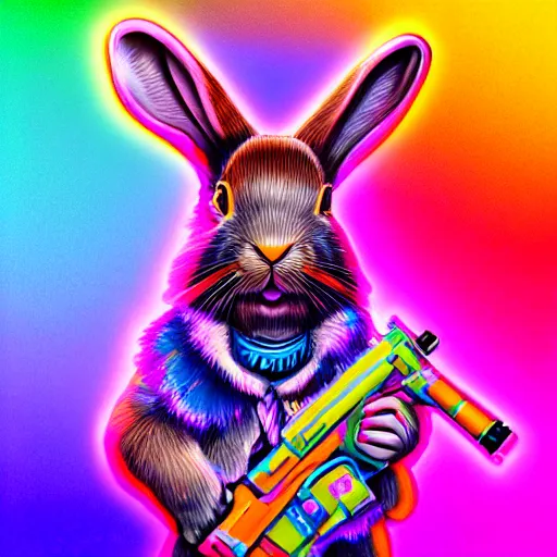 Prompt: portrait of rabbit with UV neon fur holding a machine gun , 8k, highly detailed, sharp, realistic, in style of Lisa Frank, Artstation, deviantart