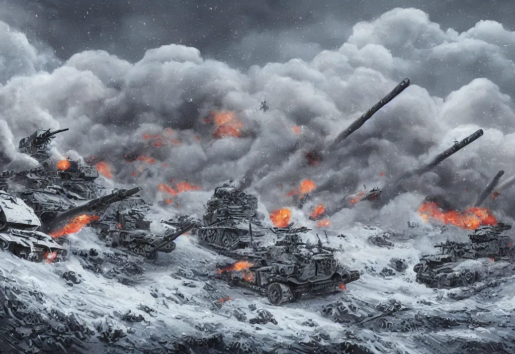 Image similar to handmade illustration of an epic and dramatic World War II war winter scene with german and soviet tanks involved firing each others, a very few soldiers running, blue sky with dramatic clouds with a snow storm, some mist grey smoke and fire, explosions, line art, ink, ol on canvas by Kilian Eng and by Jake Parker, heavy brushstrokes, winning-award masterpiece, fantastic, octane render, 8K HD Resolution, High quality image