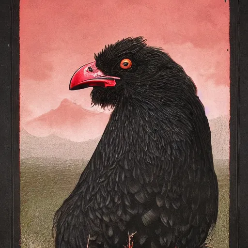 Image similar to a majestic black chicken with royal 'red!!! comb!!!', colored ultra-detailed pen and ink illustration, matte painting, concept art, impossible fine lines, by John Kenn Mortensen