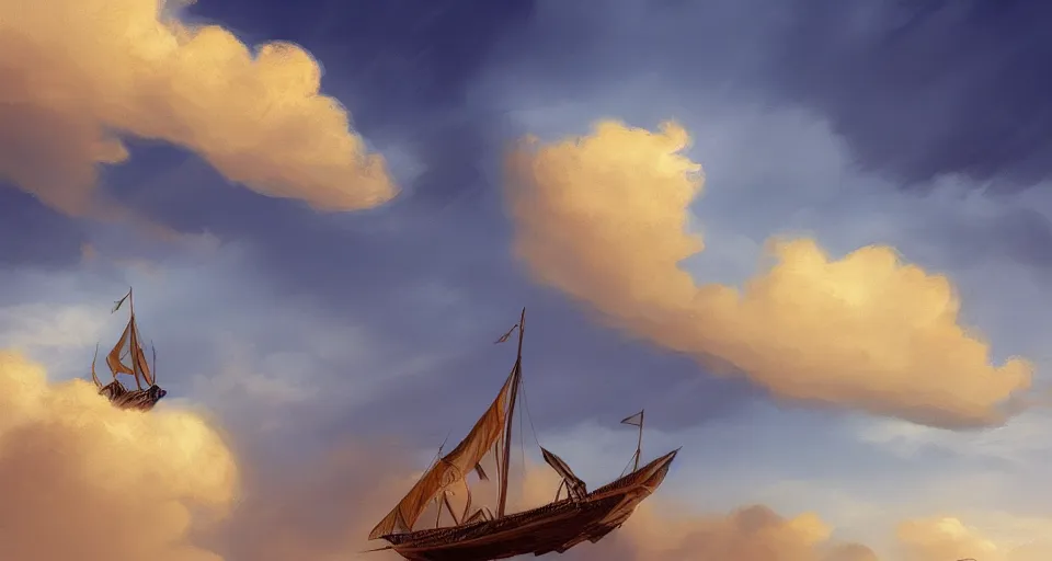 Image similar to a large wooden fantasy sky - ship with horizontal sails flying through the clouds with blue sky, andreas rocha style