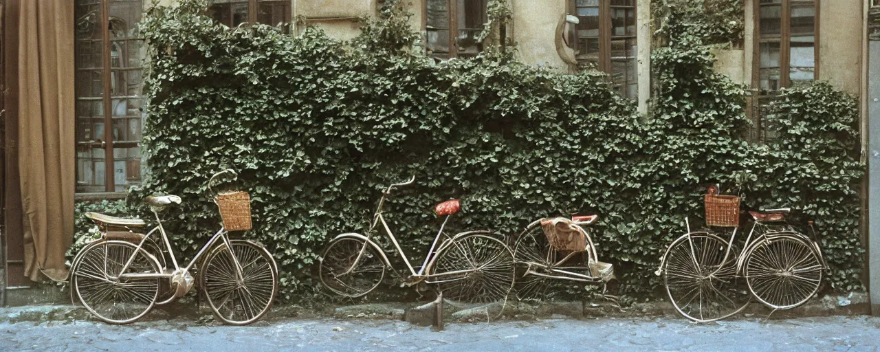 Prompt: spaghetti growing on ivy on a parisian side street, 1 9 5 0 s, canon 5 0 mm, bicycle, kodachrome, in the style of wes anderson, retro