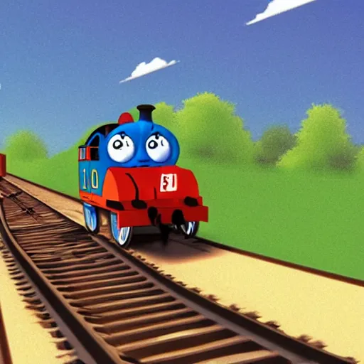 Prompt: A representation of the trolley problem featuring Thomas the Tank engine: should you pull the lever to divert the runaway trolley onto the side track?