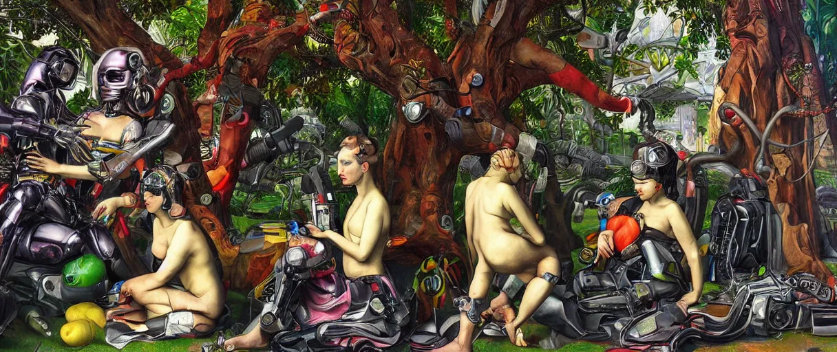 Prompt: hyperdetailed photorealistic cyborgs under a big tree, eating interesting elaborate fruits. in the style of Caravaggio and Paul Gauguin, with liberty cyberpunk and flemish baroque mixed media elements. soft pastel tones. matte background HD 8x