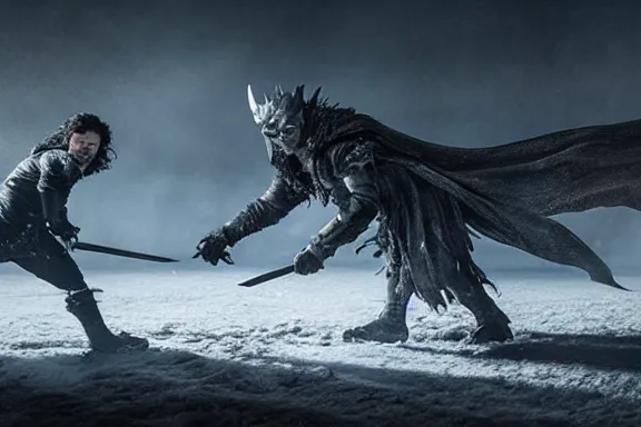 Image similar to very very intricate photorealistic photo of jon snow fighting the night king, photo is in focus with detailed atmospheric lighting, award - winning details