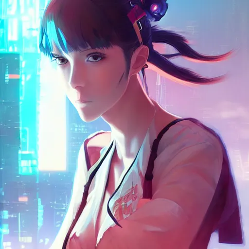 Image similar to An anime portrait of a fit Phoebe Kates as a cyberpunk hacker, by Stanley Artgerm Lau, WLOP, Rossdraws, James Jean, Andrei Riabovitchev, Marc Simonetti, and Sakimichan, tranding on artstation