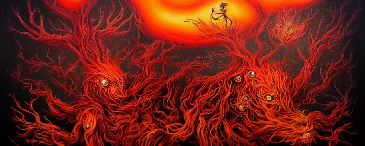 Image similar to whimsical!!!!!!!!!!!! fiery alchemical creatures, surreal dark uncanny painting by ronny khalil