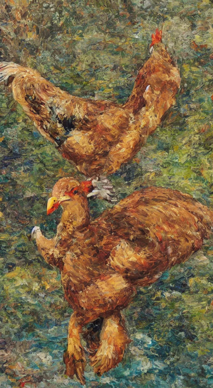 Image similar to giant chicken on a mountain top, elegant, painting