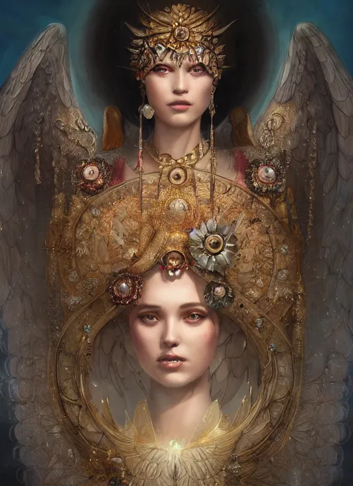 Image similar to A beautiful digital painting of a female Seraphim full of jewels, princess, the moon behind her, intricate, cinematic lighting, highly detailed, digital painting, Artstation, concept art, smooth, sharp focus, illustration, art by Tom Bagshaw, Artgerm and Greg Rutkowski