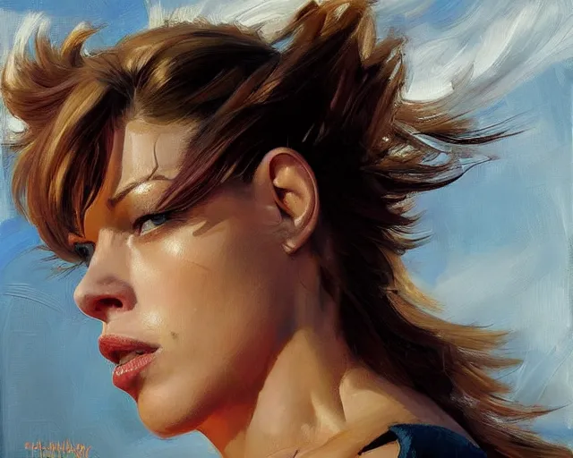 Image similar to greg manchess portrait painting of milla jovovich as beautiful thick female bodybuilder champion zarya from overwatch, medium shot, asymmetrical, profile picture, organic painting, sunny day, matte painting, bold shapes, hard edges, street art, trending on artstation, by huang guangjian and gil elvgren and sachin teng