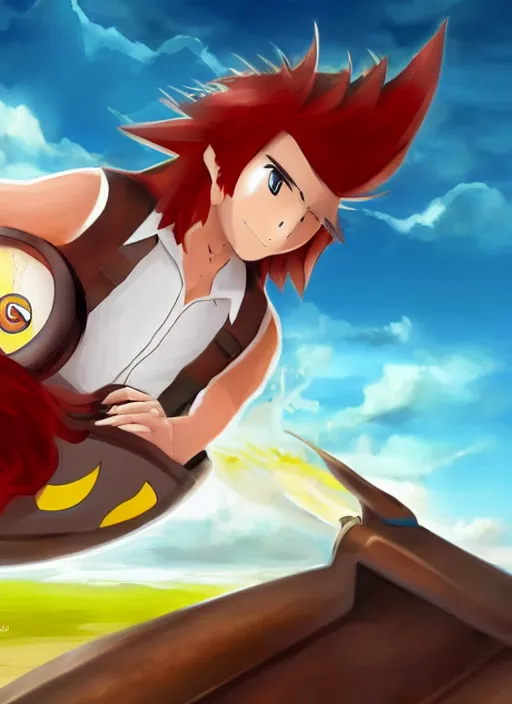 Image similar to A pokemon style portrait of a long haired, red headed male sky-pirate in front of an airship