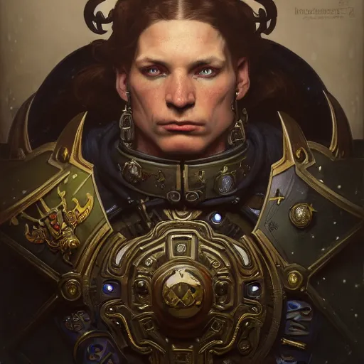 Image similar to full portrait of warhammer 4 0 k mike meyers, fantasy, d & d, intricate, detailed, by by alphonse mucha, adolfo hohenstein, alice russell glenny, stanley artgerm lau, greg rutkowski, detailed, trending on artstation, trending on artstation, smooth