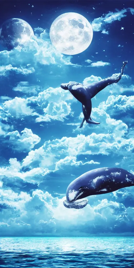 Image similar to realistic ocean in the sky, whale, clouds, moon, water