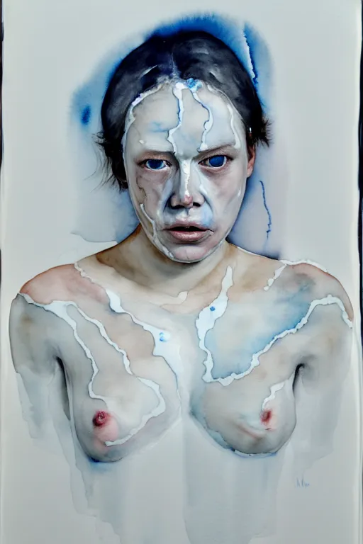 Image similar to watercolor in wet paper, a liquid white clay porcelain portrait of a face melt down flow go runny by marlene dumas, body painted with white thick fluid, detailed watercolor, grainy, contrast