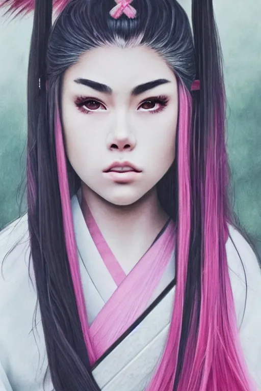 Image similar to highly detailed beautiful photo of madison beer as a young female samurai, practising sword stances, symmetrical face, beautiful eyes, pink hair, realistic anime art style, 8 k, award winning photo, pastels colours, action photography, 1 / 1 2 5 shutter speed, sunrise lighting