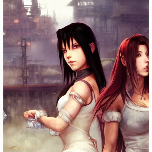 Image similar to a painted portrait of tifa lockhart and aerith gainsborough from final fantasy 7, standard clothing from the conceptual art, the midgard steam punk city as backdrop, by greg rutkowski, artgerm, wlop, ruan jia, krenz cushart, alphonse mucha, rain, fog, unreal engine 5