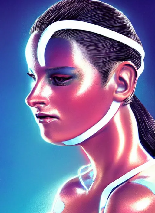 Image similar to gorgeous android woman facial portrait dressed in an aerobic outfit of the eighties with head band, retro, beautiful lights, vintage look, depth of field, hyper realistic, illustration, airbrush, 8 k, intricate, duo tone, art by david la chapelle and philip castle, artgerm