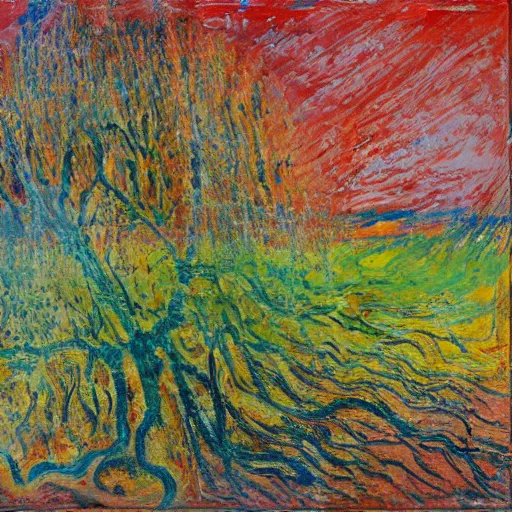 Prompt: oil paint impasto relief, tree in a field, multi layered abstract texture thick brush marks, some splattered paint, in the style of monet and frank auerbach