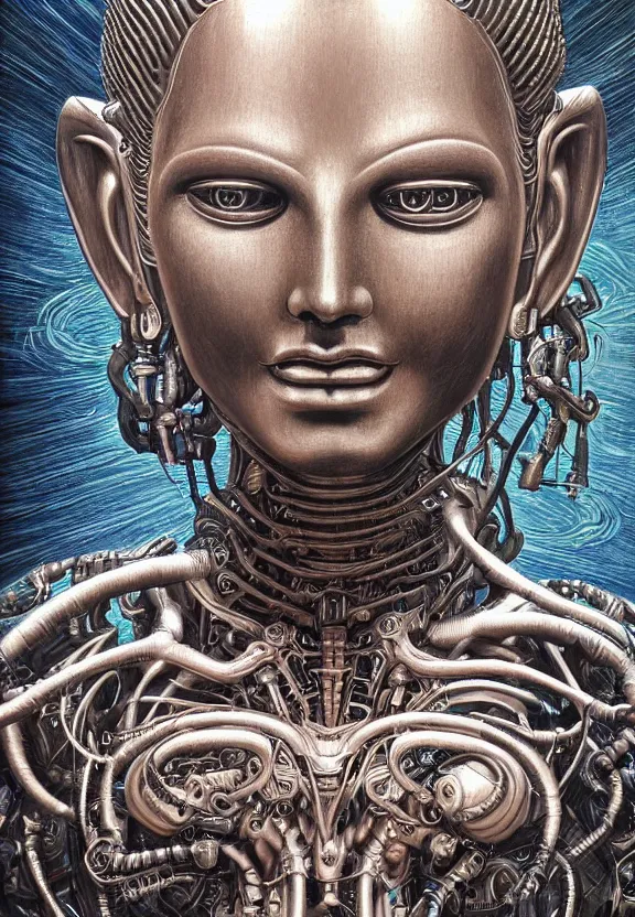 Image similar to perfectly centered portrait, front view of a beautiful biomechanical cyberpunk alien android robot buddha, female, flowing hair, intense stare, sarcastic smile, symmetrical, concept art, intricate detail, volumetric shadows and lighting, realistic oil painting by alex grey and gustave dore,