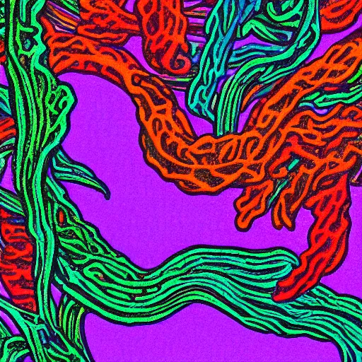 Image similar to vintage colored detailed illustration of random seaweed, neon colors