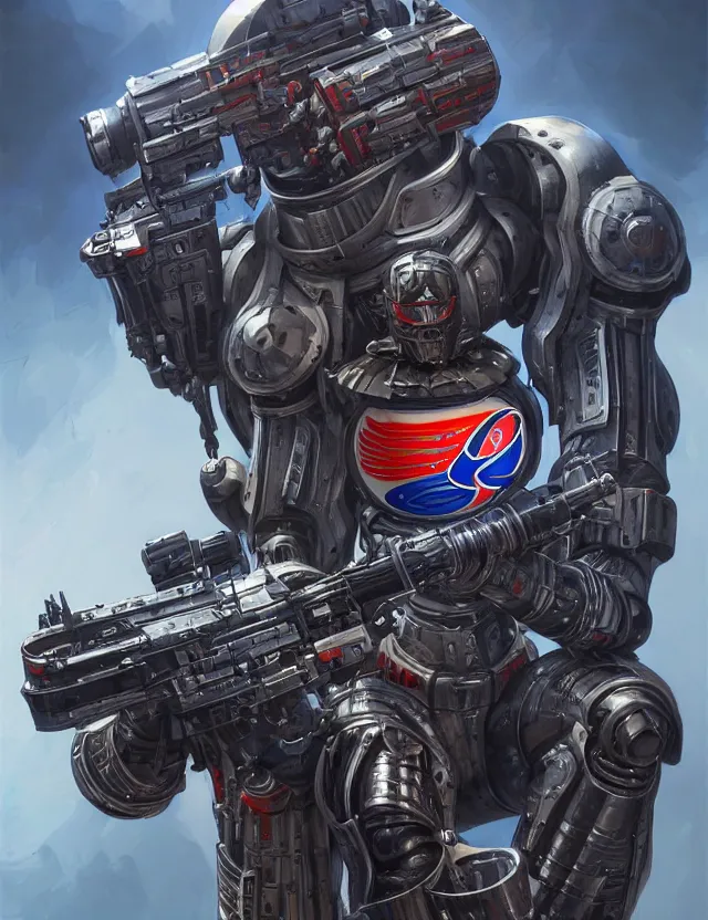 Image similar to a portrait of a tactical exoskeleton with miniguns painted in the pepsi logo, by moebius and tyler edlin and hr giger, trending on artstation, digital art, 4 k resolution, detailed, high quality, sharp focus, hq artwork, coherent, insane detail, concept art