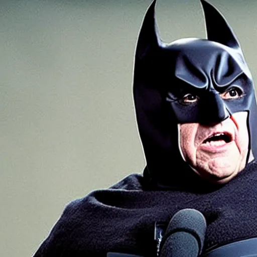 Prompt: Movie still of Danny Devito playing the role of Batman