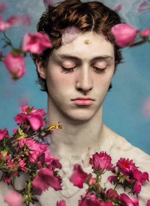 Image similar to Kodak Portra 400, 8K,ARTSTATION, Caroline Gariba, soft light, volumetric lighting, highly detailed, britt marling style 3/4 , extreme Close-up portrait photography of a Dorian Electra hiding in flowers how pre-Raphaelites with his eyes closed,inspired by Ophelia paint, his face is above water Pamukkale, raining, crying face above water in bubbles, hair are intricate with highly detailed realistic , Realistic, Refined, Highly Detailed, interstellar outdoor soft pastel lighting colors scheme, outdoor fine photography, Hyper realistic, photo realistic