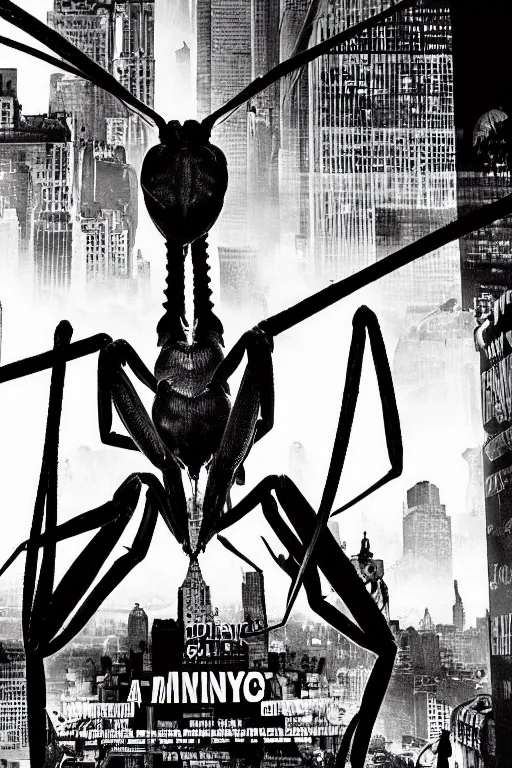 Prompt: a giant praying mantis destroys new york, horror sci - fi black and white poster