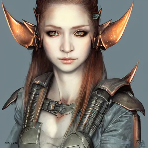 Image similar to portrait of a female elf orc by ayami kojima, she is about 2 0 years old, american pretty, copper hair, annoying but friendly, she is wearing a modern tactical gear, scifi, highly detailed portrait, digital painting, artstation, concept art, smooth, sharp foccus ilustration, artstation hq