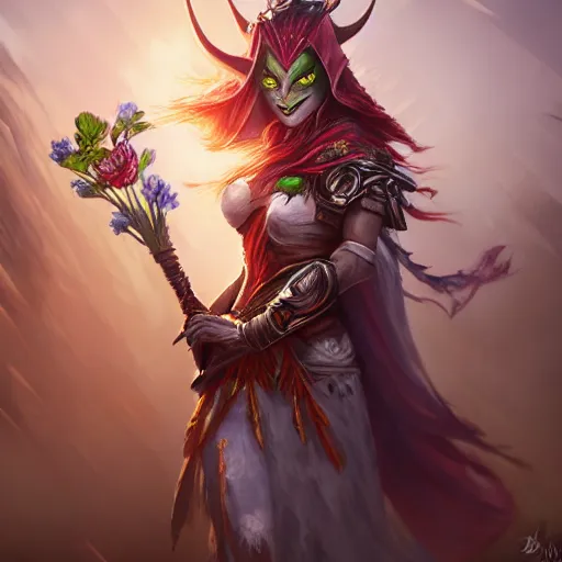 Image similar to hyperrealist portrait of sylvanas windrunner wearing a wedding dress and holding a bouquet of flowers in a burning landscape. by bayard wu, fantasy art, photo realistic, dynamic lighting, trending on artstation, poster, volumetric lighting, very detailed faces, 4 k, award winning