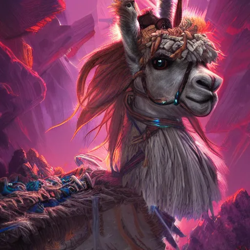 Prompt: Hyperdetailed masterpiece concept art of Llama warrior of the Incas hyperdetailed concept art by Ross Tran, high quality DnD illustration, trending on ArtStation, all rights reserved Wizards of the Coast. Neon highlights