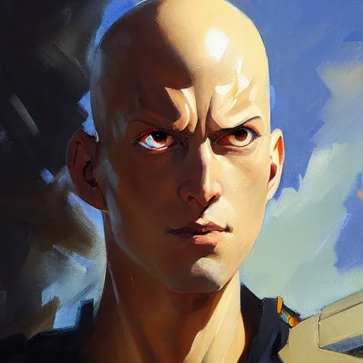 Image similar to Greg Manchess portrait painting of Saitama as Overwatch character, medium shot, asymmetrical, profile picture, Organic Painting, sunny day, Matte Painting, bold shapes, hard edges, street art, trending on artstation, by Huang Guangjian and Gil Elvgren and Sachin Teng