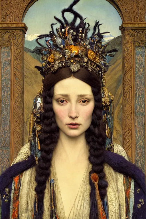 Image similar to coronation portrait of the queen of the dawn mountains, by Donato Giancola and John Bauer and John William Godward and Vermeer, embroidered velvet, iridescent beetles, rich color, ornate headdress, flowing robes, lost runes, ancient civilizations, dramatic cinematic lighting, featured on Artstation, cgisociety, unreal engine, extremely detailed