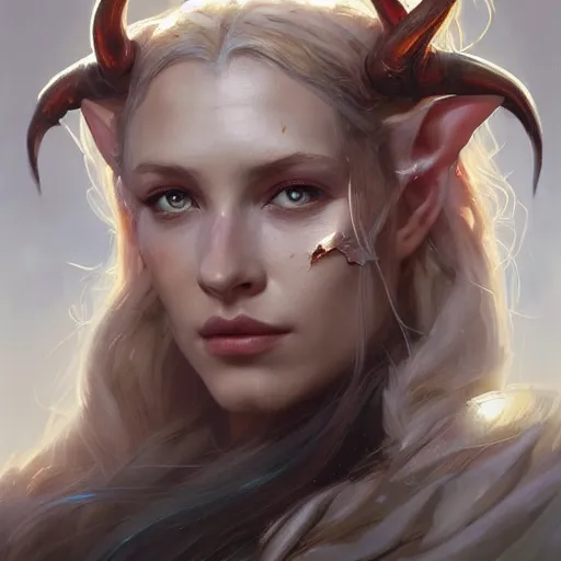 Image similar to A head-on detailed oil fantasy portrait of a pretty elf woman with copper horns, long blonde hair and bright copper irises, by greg rutkowski, trending on artstation, dungeon and dragons art