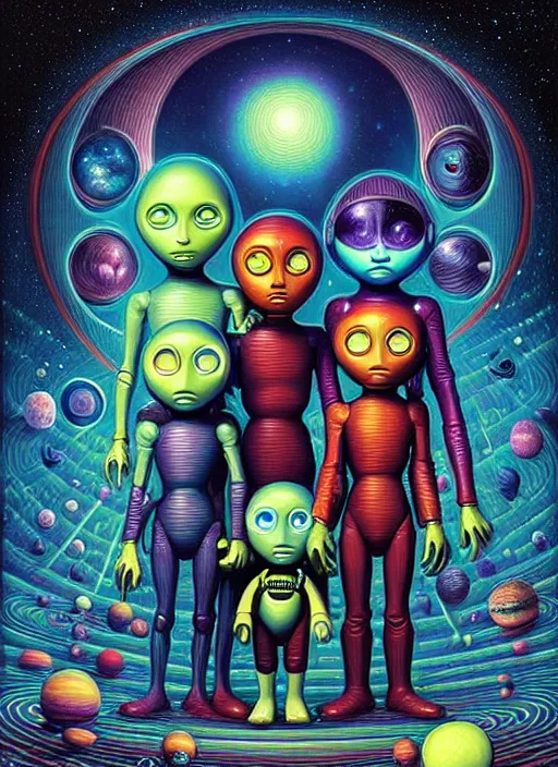Prompt: Masterpiece! Detailed image of a creepy family bots in the deep space, by Ernest Renard and Skottie Jeune, by Casey Weldon, rich deep colors. intricate artwork, very coherent symmetrical artwork, cinematic, hyper realism, high detail, unreal engine, 8k, Vibrant colors, Smooth gradients, High contrast, depth of field. by Katsuhiro Otomo, full body character drawing, clean ink detailed line drawing, intricate detail.