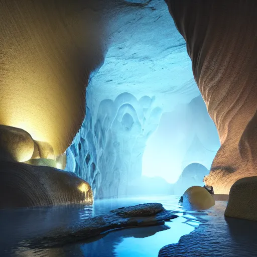 Prompt: light is mine to travel,beyond time ,the cathedrals in a underground vast cave canyon grotto of life the beginning , geological strata,ground mist, falling water,deep clear pools of water, hyper-maximalist,micro details, 3d sculpture,,digital rendering,octane render , 4k, artstation, concept art ,amazing lighting, f32,deep depth of field,photographic, wide angle,cinematic lighting