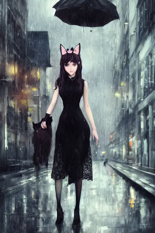 Prompt: woman with cat ears wearing a black lace dress and thigh highs walking in a depressing soviet city, expressive oil painting, digital anime art, highly detailed, character art, beautiful face, by yoshitaka amano, by artgerm, by conrad roset, volumetrics, octane render, rainy street