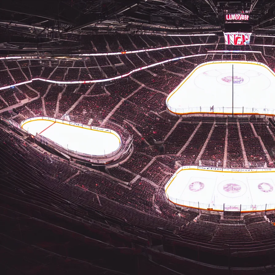 Prompt: dimly lit hockey stadium ice level 4 k photography