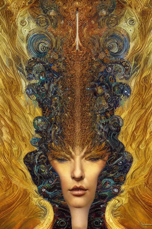 Image similar to Divine Chaos Engine by Karol Bak, Jean Deville, Gustav Klimt, and Vincent Van Gogh, visionary fractal structures, spirals