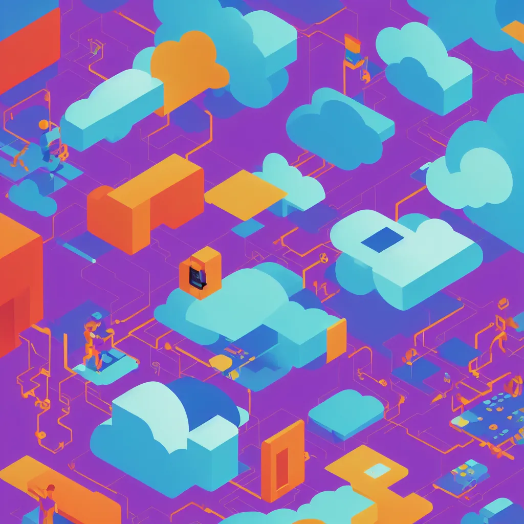 Prompt: a simple micro-service deployed to a datacenter, cloud, security, attack vector, trending on Artstation, painting by Jules Julien, Leslie David and Lisa Frank, muted colors with minimalism