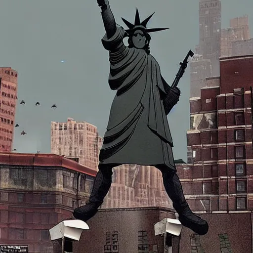 Image similar to The war between the Soviet Union and America, the action takes place in New York, far away against the background of the Statue of Liberty, a lot of soldiers and military equipment, a lot of explosions and tracer bullets, a lot of ruins, a very epic battle, The style of photography of the 80s