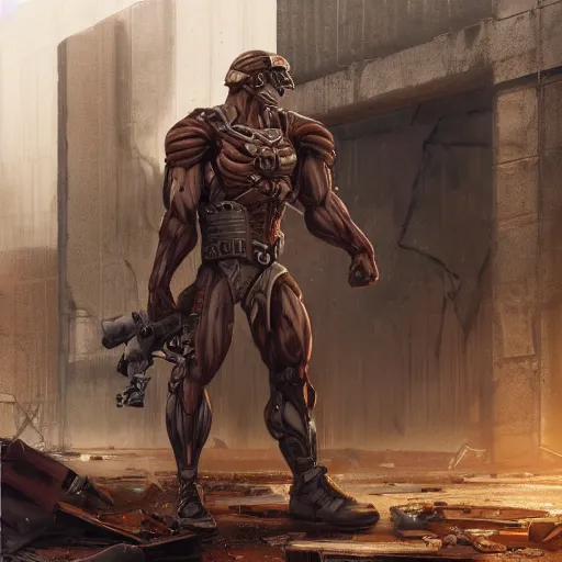 Image similar to a hyper - muscular anthropomorphized male horse with a magnificently muscular physique wearing tactical gear standing in the ruins of a facility, furry art, furaffinity, highly detailed, digital painting, artstation, concept art, magic the gathering, illustration by artgerm, greg rutkowski, wlop