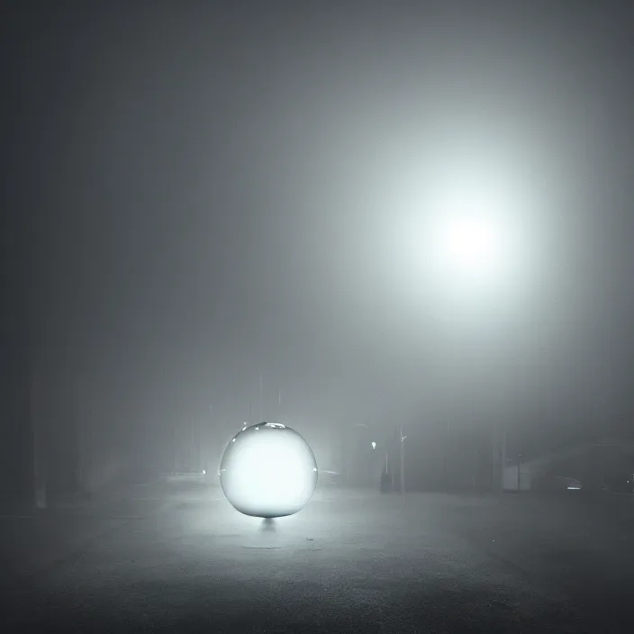 Prompt: photo of a chrome blob in a dystopian future technological singularity cinematic establishing wide shot fog mist lighting