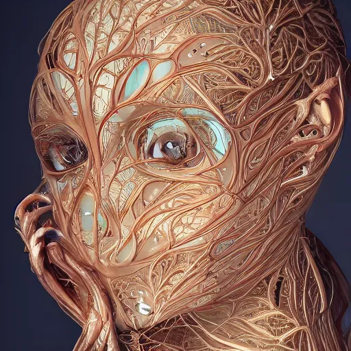 Image similar to face portrait of a beautiful woman, 150 mm, anatomical, flesh, flowers, mandelbrot fractal, veins, arteries, symmetric, intricate, golden ratio, full frame, microscopic, elegant, highly detailed, ornate, ornament, elegant , luxury, beautifully lit, ray trace, octane render in the style of peter Gric , alex grey and Romero Ressendi