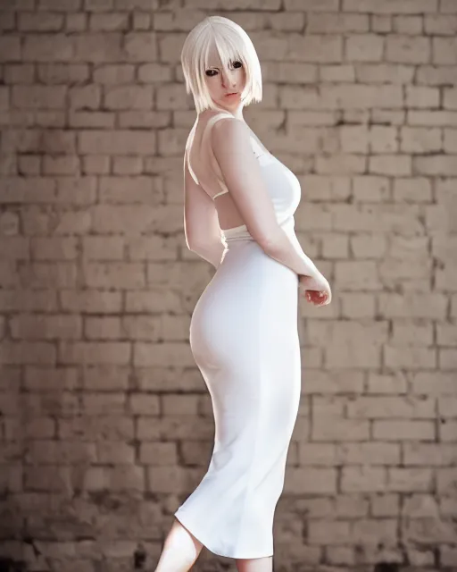 Prompt: 2 8 mm portrait of cute emily skinner cosplaying annie leonhart wearing tight white dress, wearing open toe heels, pale skin, cinematic lighting, sharp focus, backlit, stunning, smooth, hard focus, glamour pose, full body shot, octane 8 k, rtx, hdr