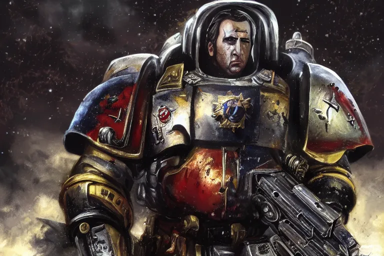 Image similar to nicolas cage as space marine, warhammer, photo, digital art, artstation, high detailed