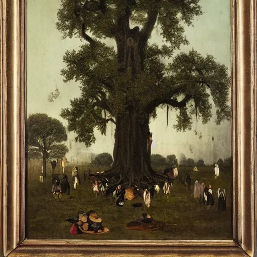 Prompt: huge tree with a lot of hanging bodies, southern gothic art, 1 9 th century scene, painted by friedrich caspar david