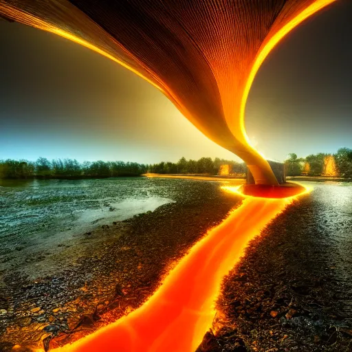 Prompt: a river runs here, a fiery river, from east to west, from west to north. over that river the fiery river drives the light. cinvat bridge of separation. light transports souls. award - winning, very trending, esoteric art, 2 k, 4 k, ue 5