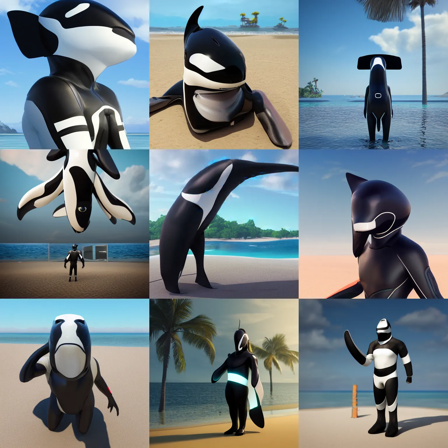 Prompt: male anthro orca android standing on a beach, visor screen for face, snout under visor, sleek cool waterproof design, commission on furaffinity, cgsociety, octane render